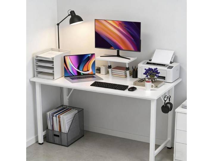 LVHCMFOHM Bureau Multifonction - Table de Bureau Ergonomique - Avec Support Écran Amovible+Crochet Casque - 100×50×75cm - Blanc