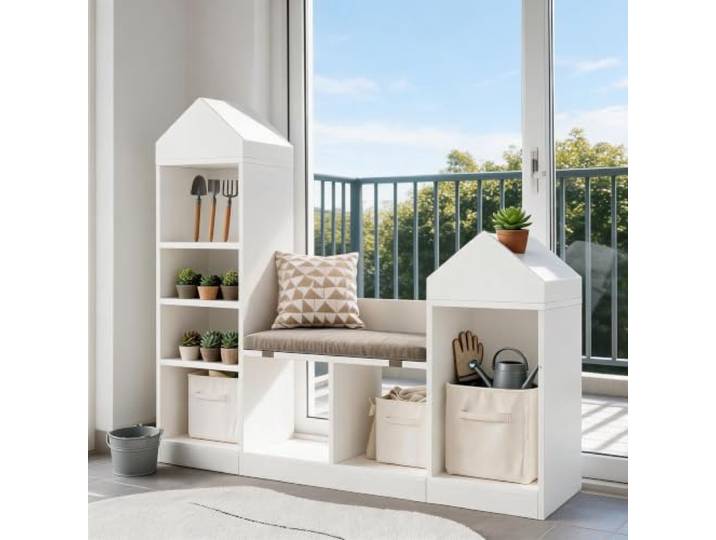 Koioplie Kinderregal Mit Sitzkissen & 6 Fächern, Bücherregal Kinder Hausform, Spielzeugregal Für Kinderzimmer & Spielzimmer, Kinder-Sitzbank Mit Aufbewahrung, Inkl. Kippschutz, Weiß
