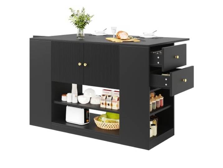 Ropilly Kücheninsel mit klappbarer Tischplatte aus MDF, Schwarz Klappbare Tischplatte, Schubladen und Regale schaffen flexible Ablage in Küche und Esszimmer