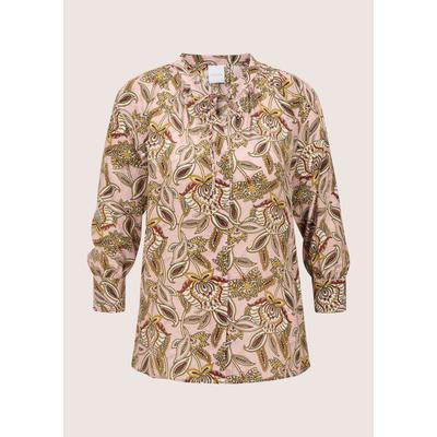 Kurzarmbluse MADELEINE "Blusenshirt Schlupfbluse mit floralem Muster", Damen, Gr. 46, lila (perlrosa, aubergine), Obermaterial: 100% Viskose CV., Modern, gerade, Blusen, Feine Raffung