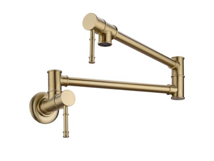 GICASA Topffüller, Wasserhahn, Wandmontage, Doppelgelenk-Schwenkarm, Einloch-Topffüller, Wasserhahn, gebürstetes Gold, zwei Griffe, Messing, faltbar, dehnbar, Küchenarmatur, Topffüller