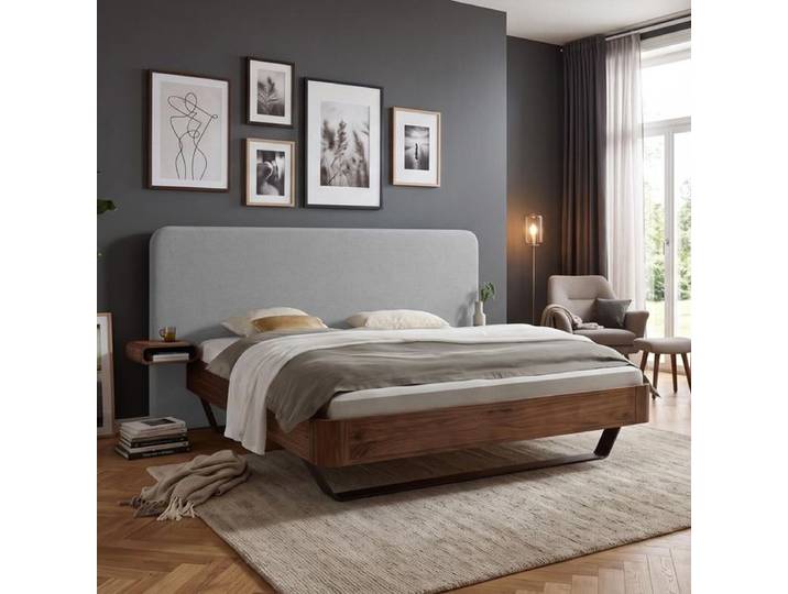 Bett Livian Nussbaum Massivholz 140x200cm modern, Mit Kopfteil