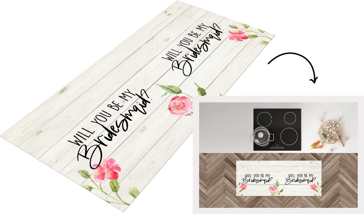 Keukenloper met bloemenprint en Will you be my bridesmaid quote - Vinyl - 120 x 50 cm