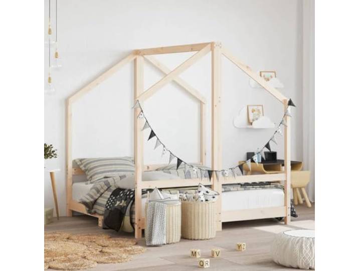 WXGTBKPR Kinderbett 70x140 cm aus massivem Kiefernholz, Hausbett für Kleinkinder mit Lattenrost, Stabiles Gitterbett Natur