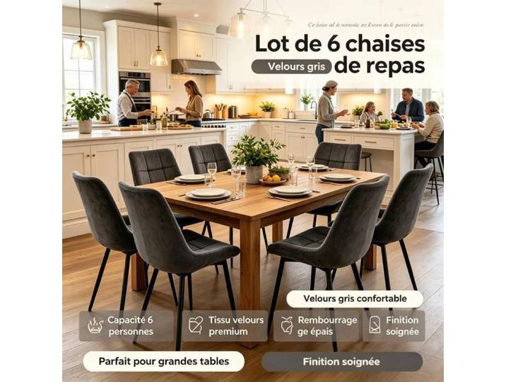PIPIPOXER Lot de 6 Chaises Salle à Manger Velours Anthracite Dossier Matelassé Pieds Métal pour Grande Salle à Manger Maison