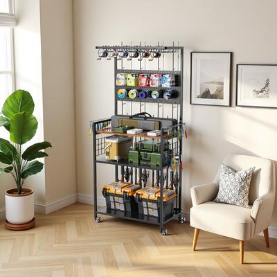 ZWYO HOSIMU "65.6"" Heavy Duty Metal Fishing Rod Rack with Pegboard, 4-in-1 Tackle Organizer Cart, Rod/Reel/Tackle Storage"
