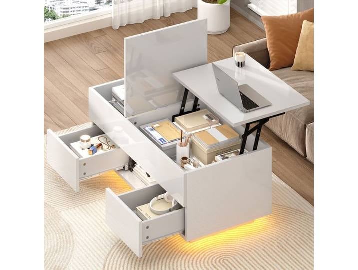 Table basse 100x50x40 blanc haute brillance table basse salon plateau relevable rangement caché 2 tiroirs LED intégrées