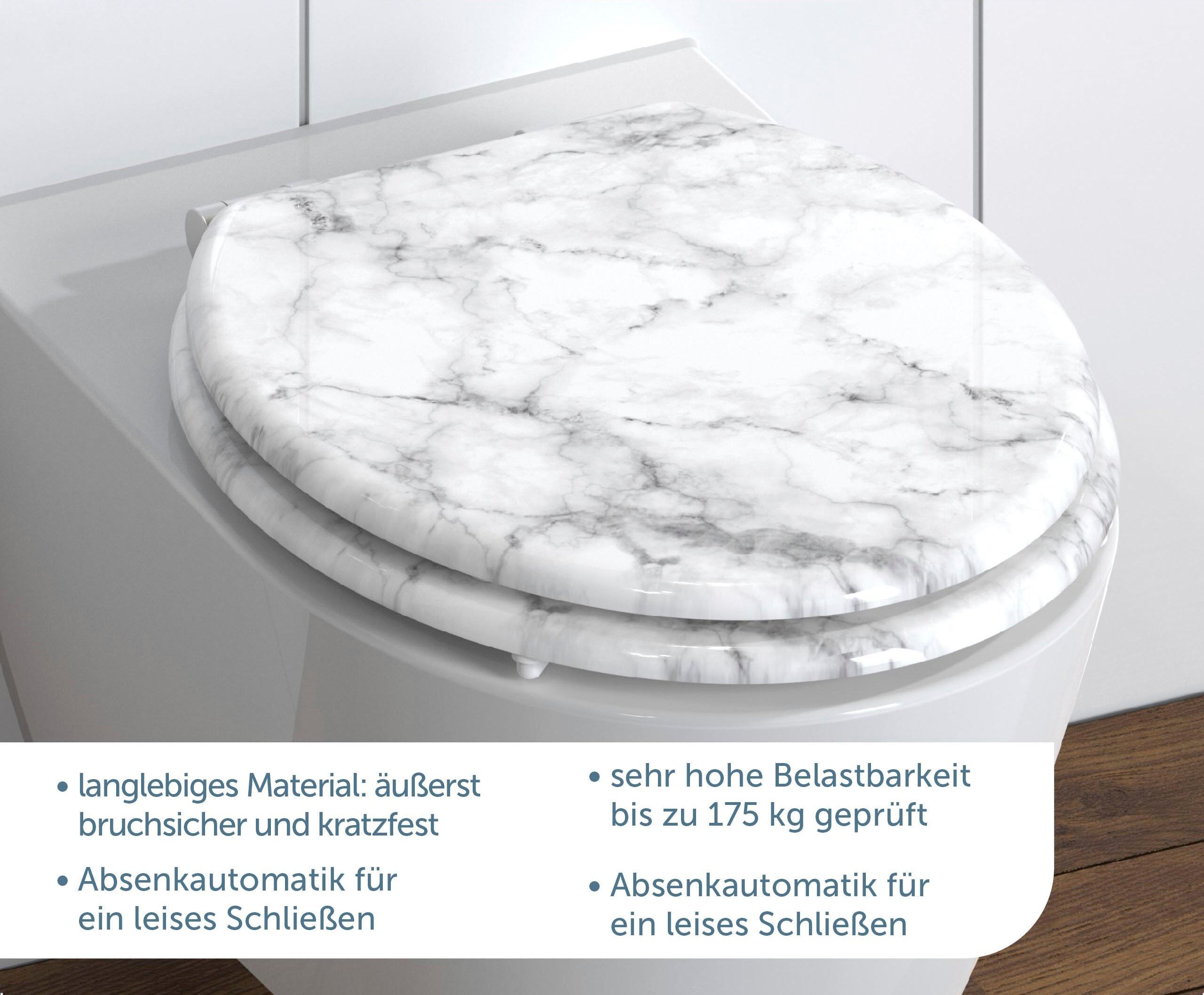 WC-Sitz SCHÜTTE "Marmor", grau (grau, weiß), B:375cm H:4cm L:435cm, MDF - Mitteldichte Holzfaserplatte, WC-Sitze, WC-Sitz, Absenkautomatik, Holzkern, Motivdruck, MDF grau, weiß Einheitsgröße