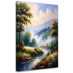 BILD auf Leinwand, Wald im Nebel Fluss Landschaft Natur