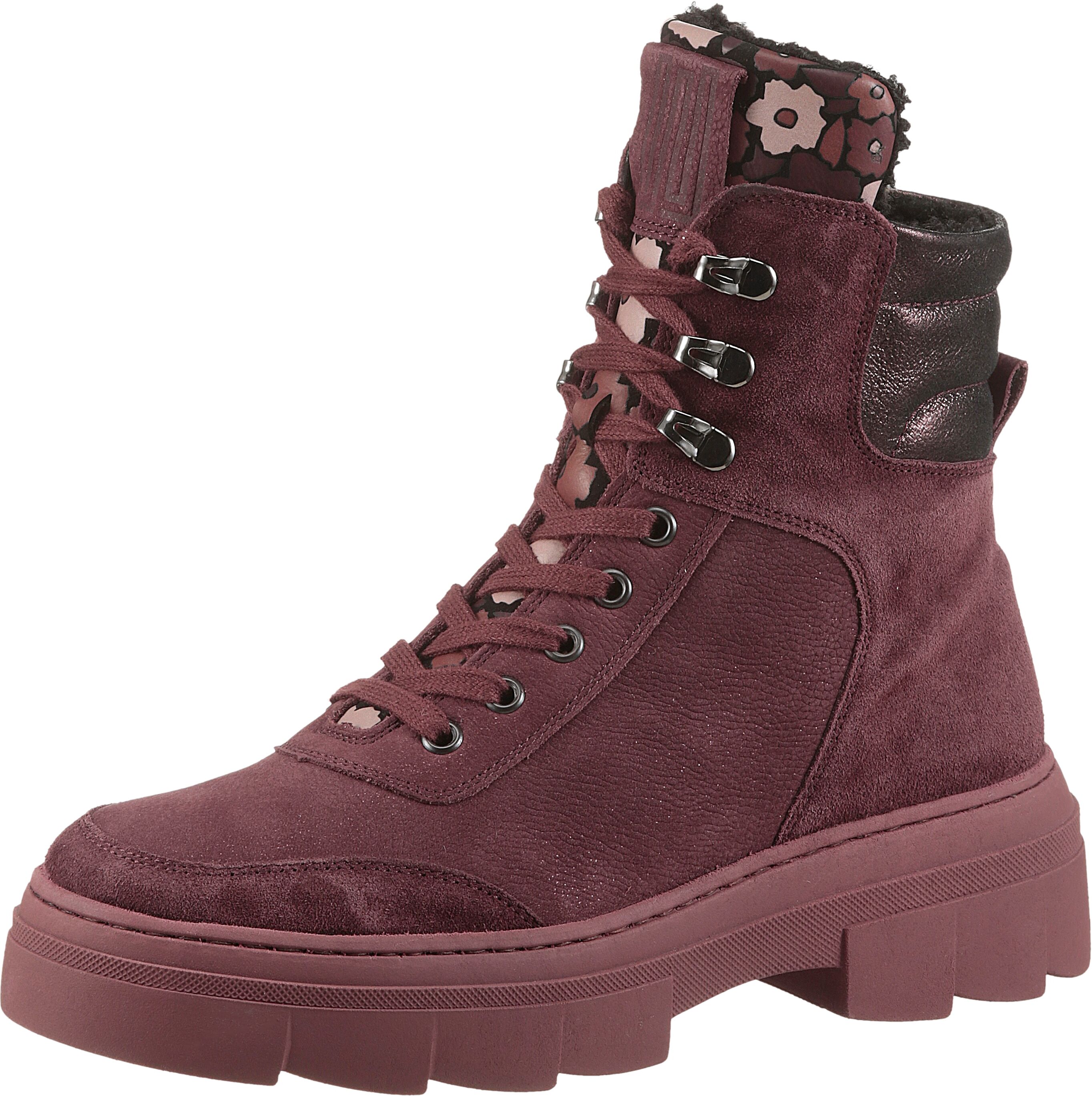 Schnürboots WALDLÄUFER "H-SAIGA", Damen, Gr. 5,5 (38,5), Warmfutter, rot (bordeaux kombiniert), Nappaleder, Nubukleder, Veloursleder, mehrfarbig, Schuhe Schnürboots, Schnürstiefelette, Plateauboots in Komfortweite H (= sehr weit) bordeaux kombiniert 5,5 (