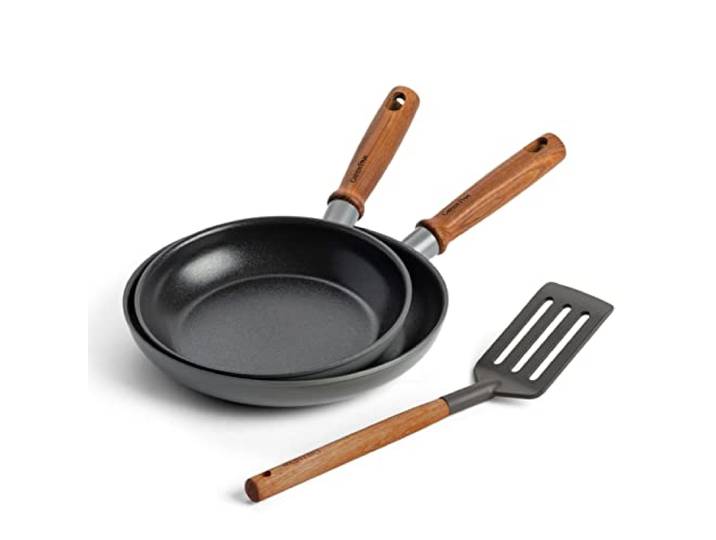 GreenPan Mayflower Pro Gesunde Harteloxierte Keramik Antihaftbeschichtung, 20cm und 24cm Bratpfanne Bratpfannen-Set mit Spatel, Vintage Holzgriff, PFAS-frei, Induktionsgeeignet, Holzkohle Grau