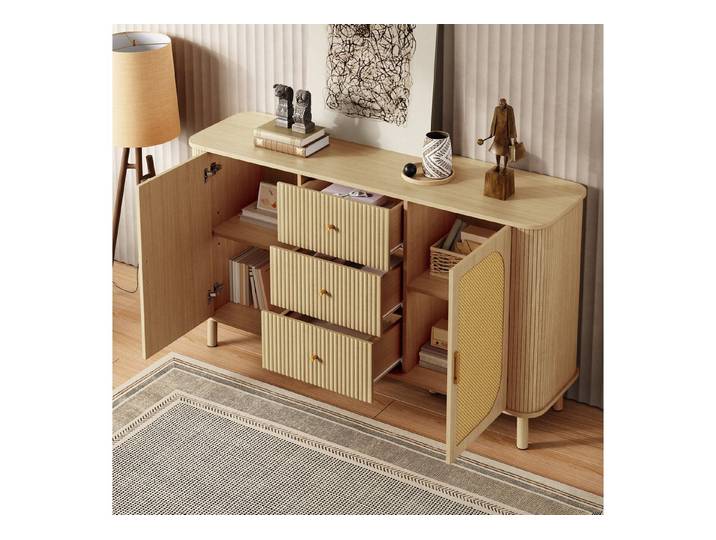 Odikalo Sideboard Kommode mit Rattan (Sideboard mit Rattan, Beistellschrank modern, Wohnzimmermöbel mit Schubladen, Sideboard Holzoptik, Kabelführung Möbel, TV Möbel, Kommode mit Schubladen, Skandinavisches Design, Sideboard modern, Wohnzimmermöbel, Aufbewahrung Wohnzimmer, Design Sideboard), 140*40*80 cm