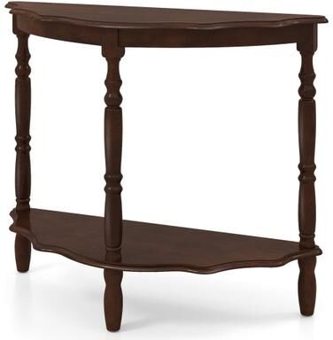 Costway 42 Inch Half Moon Console Table with Shelf and Rubber Wood Legs-Espresso