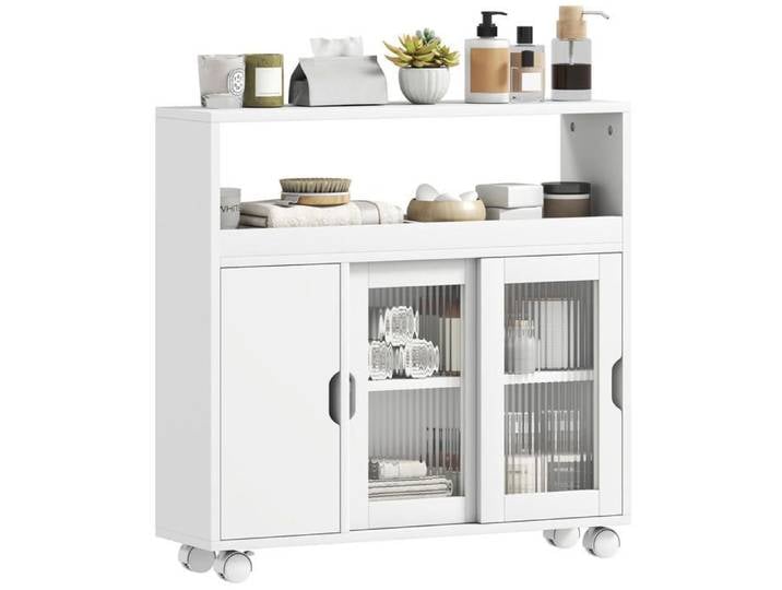 Pour Espaces Compacts Déplacement Fluide Meuble de Rangement Salle de Bain 4 Zones Portes Verre Trempé Blanc 20cm