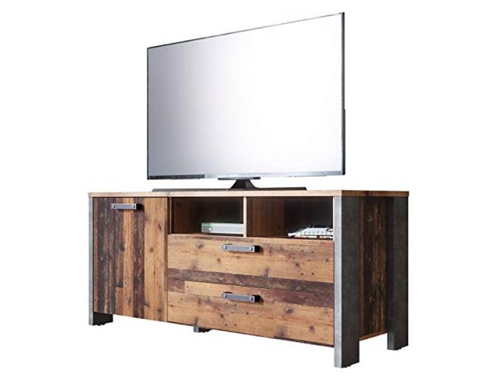 Newfurn TV Lowboard Old Wood Betonoptik Dunkelgrau Vintage Wohnzimmer 1 Tür, 2 Schubladen, 2 offene Fächer, Bügelgriff, TV Schrank, TV Board, Fernsehtisch, Industrial Used-Look