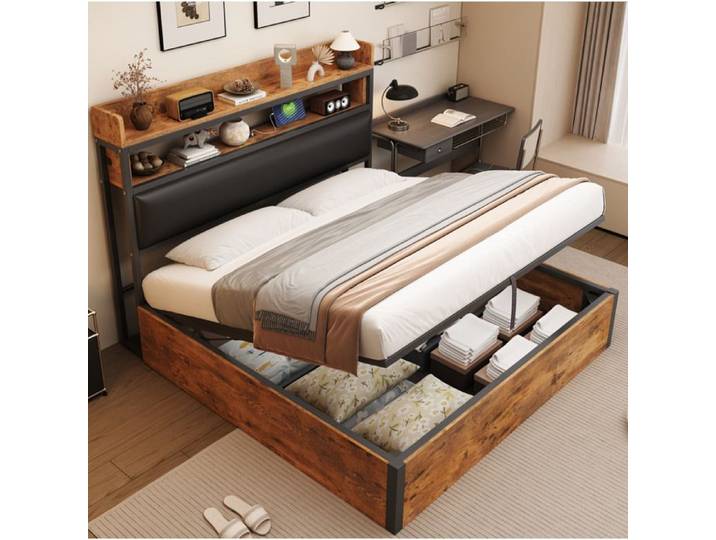 ULEVR Lit coffre 180x200 cm noir avec relevage hydraulique tête de lit rangement et ports USB intégrés