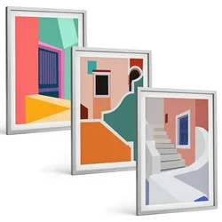 BILDER SET 3er Set - 40x60 cm Silberner Rahmen - Farbenfrohe Illustrationen von Gebäuden