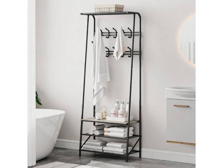 Portemanteau avec banc à chaussures – 10 crochets double rangée – Métal & bois – Entrée multifonction couloir salle de bain. Gris