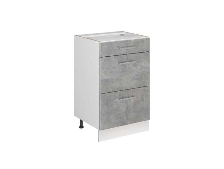 Vicco Küchenunterschrank R-Line , Beton/Weiß 50 cm 3 Schubladen · Ohne Arbeitsplatte · Höhenverst. Füße · Leichter Zugriff · Frei kombinierbar