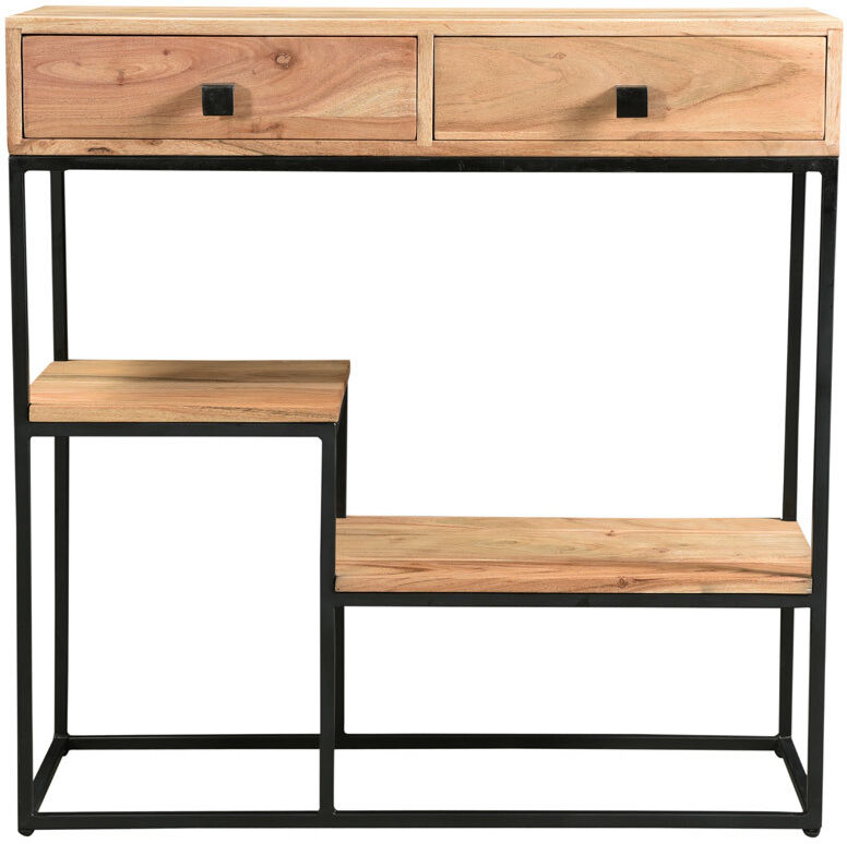 Miliboo Console avec rangements 2 tiroirs en bois massif et métal noir L80 cm GRENELLE