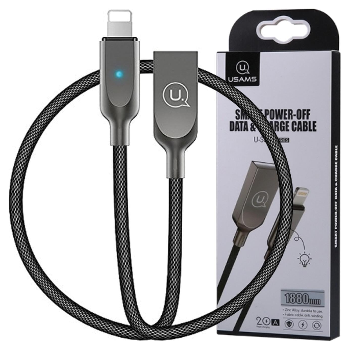 Usams U-Sun Lightning-kabel met schakelaar, zwart, 1,9 meter, model Ipysusb201 (US-SJ170)