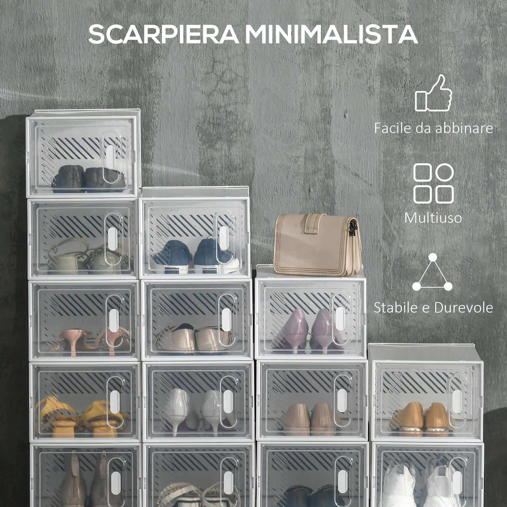 giordanoshop Scarpiera Modulare 18 Box 25x35x19 cm in Plastica PP Trasparente e Bianco...
