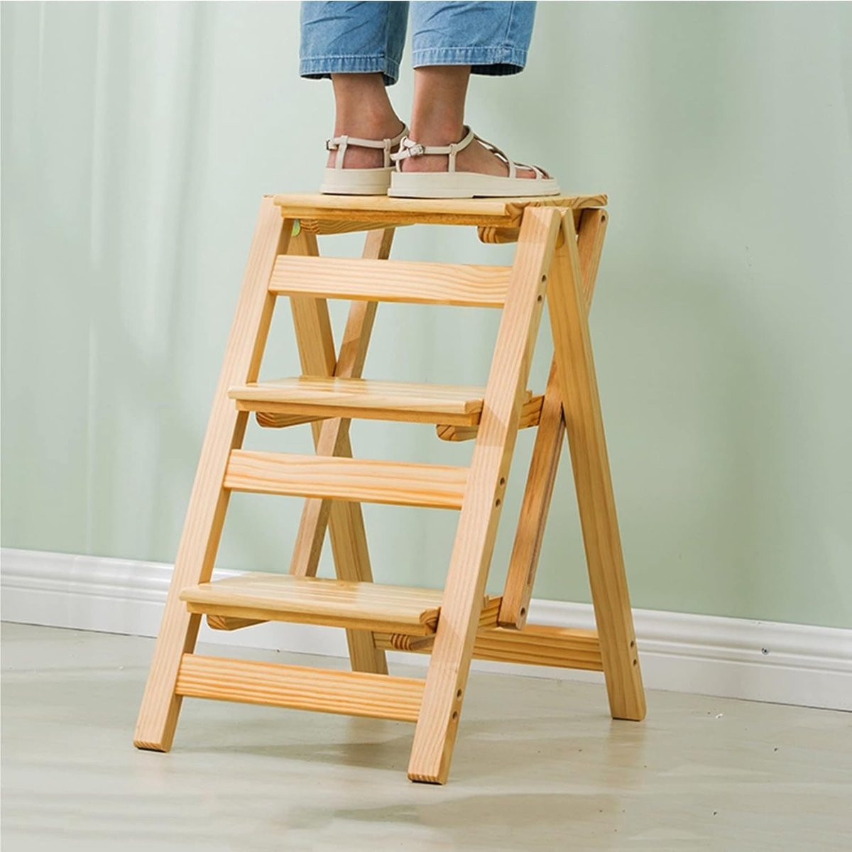 Houten ladderkruk met 3 treden - Opvouwbaar trapje - Transparant