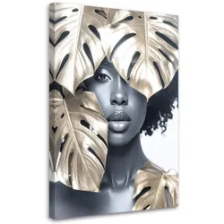 LEINWANDBILD Porträt einer Frau und goldenen Monstera-Blättern 60x90cm