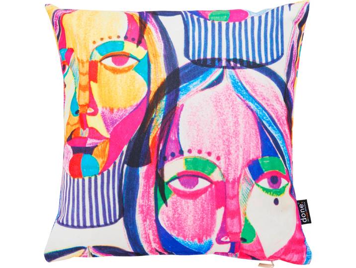 Dekokissen DONE. Velour Print Women Faces , bunt (bunt, bedruckt), B:45cm L:45cm, Polyester, Dekokissen_Sitzkissen_Kissenhüllen, Dekokissen, Beidseitig bedruckte Kissenhüle ohne Füllung, 1 Stück
