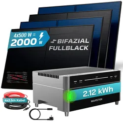 SUNNIVA® 2000W Balkonkraftwerk mit 2,12 kWh Speicher Marstek Venus A & 800W Wechselrichter, BIFAZIAL FULLBLACK komplett Steckdose, PV Solaranlage Komplettset Solarspeicher, 4x500W N-Type Glas