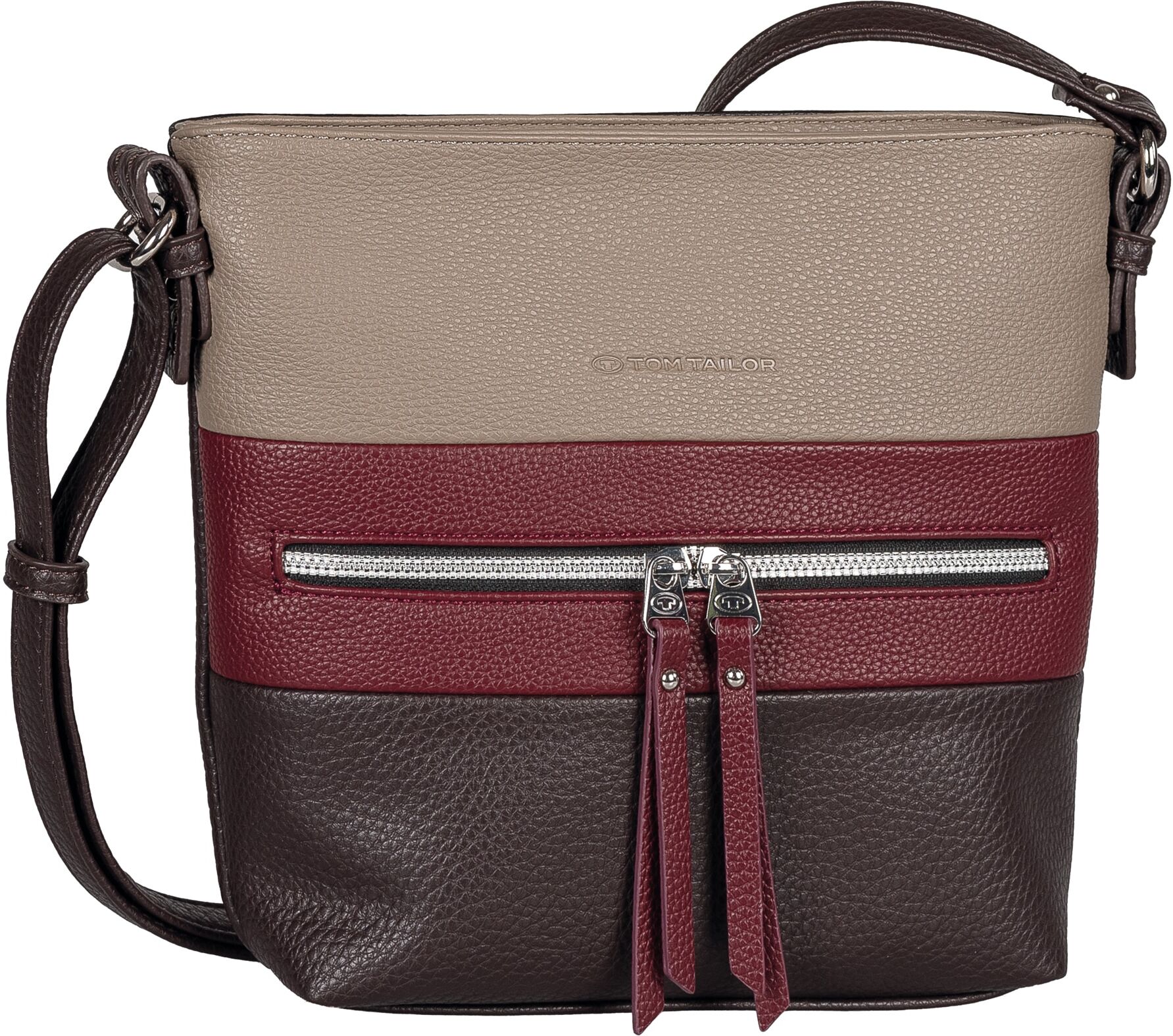 Umhängetasche TOM TAILOR "Ellen", Damen, Gr. B/H/T: 26cm x 24cm x 7cm, braun (dunkelbraun), Lederimitat, gepflegt, kontrastfarbene Details, mehrfarbig, Taschen Umhängetasche, Damen Schultertasche, mit hochglänzendem Reissverschluss-Eyecatcher dunkelbraun 