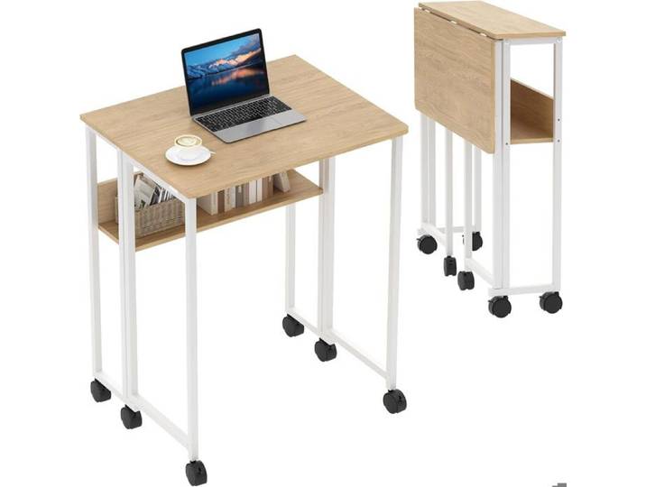 Bureau Pliant Compact sur Roulettes Table Ordinateur Mobile avec Étagère pour Petits Espaces Chambre 63x50x75 cm bois naturel