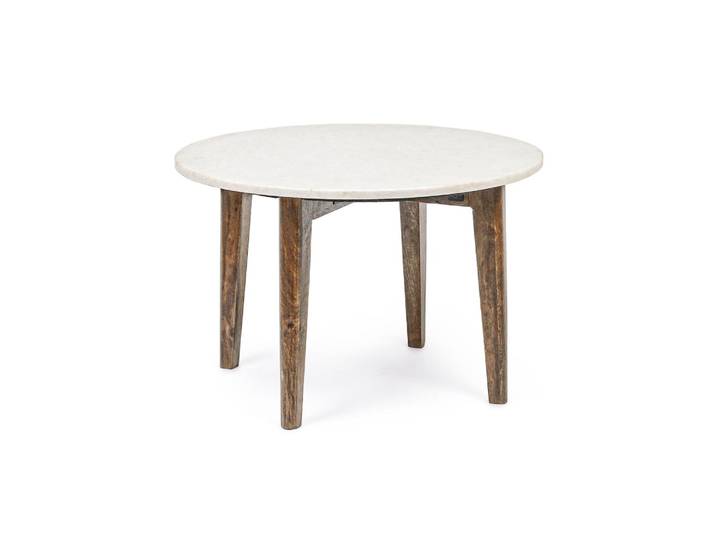Table basse ronde vintage en manguier et marbre blanc d60