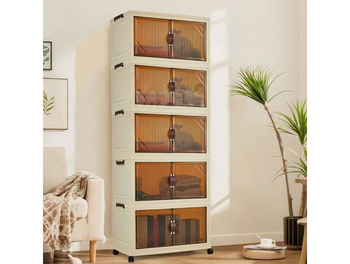 Armoire de rangement pliable 5 étagères double porte sans outil crème‑marron