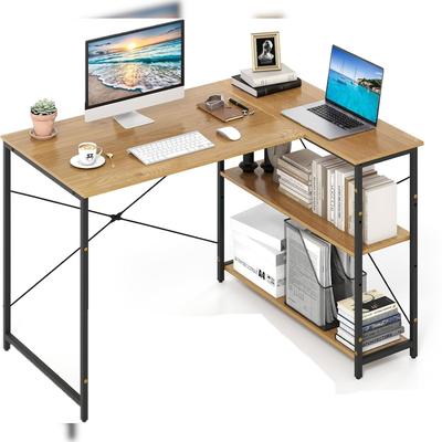 COSTWAY L-förmiger Schreibtisch, reversibler Eckschreibtisch mit verstellbarem Regal & Metallrahmen, aus Holz
