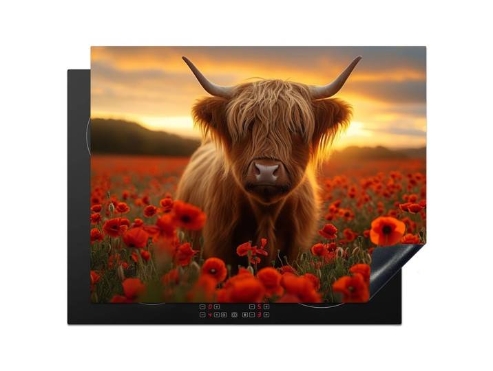 HERDABDECKPLATTE Schottische Highlander - Rosen - Blumenfeld - Sonnenuntergang Induktionsmatte 77x59 cm