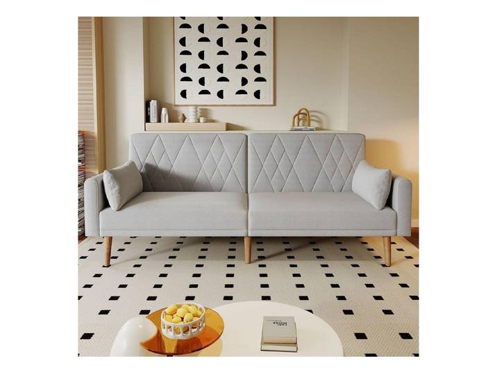 LuxusKollektion Schlafsofa Schlafsofa 2 Sitzer Samtstoff Rückenlehne Kissen Hellgrau