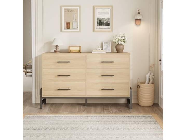 GarveeMore Kommode 6 Schubladen Mit u-Förmigem Metallgestell, Holzoptik, 81 cm