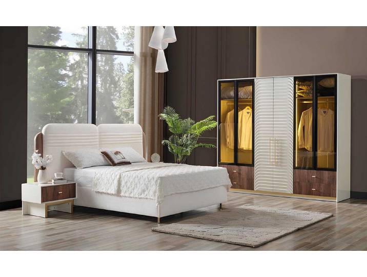 JVmoebel Schlafzimmer-Set Weiße Schlafzimmer Garnitur mit Lederpolsterstoff und Glasoberflächen, (4-tlg), Made in Europa
