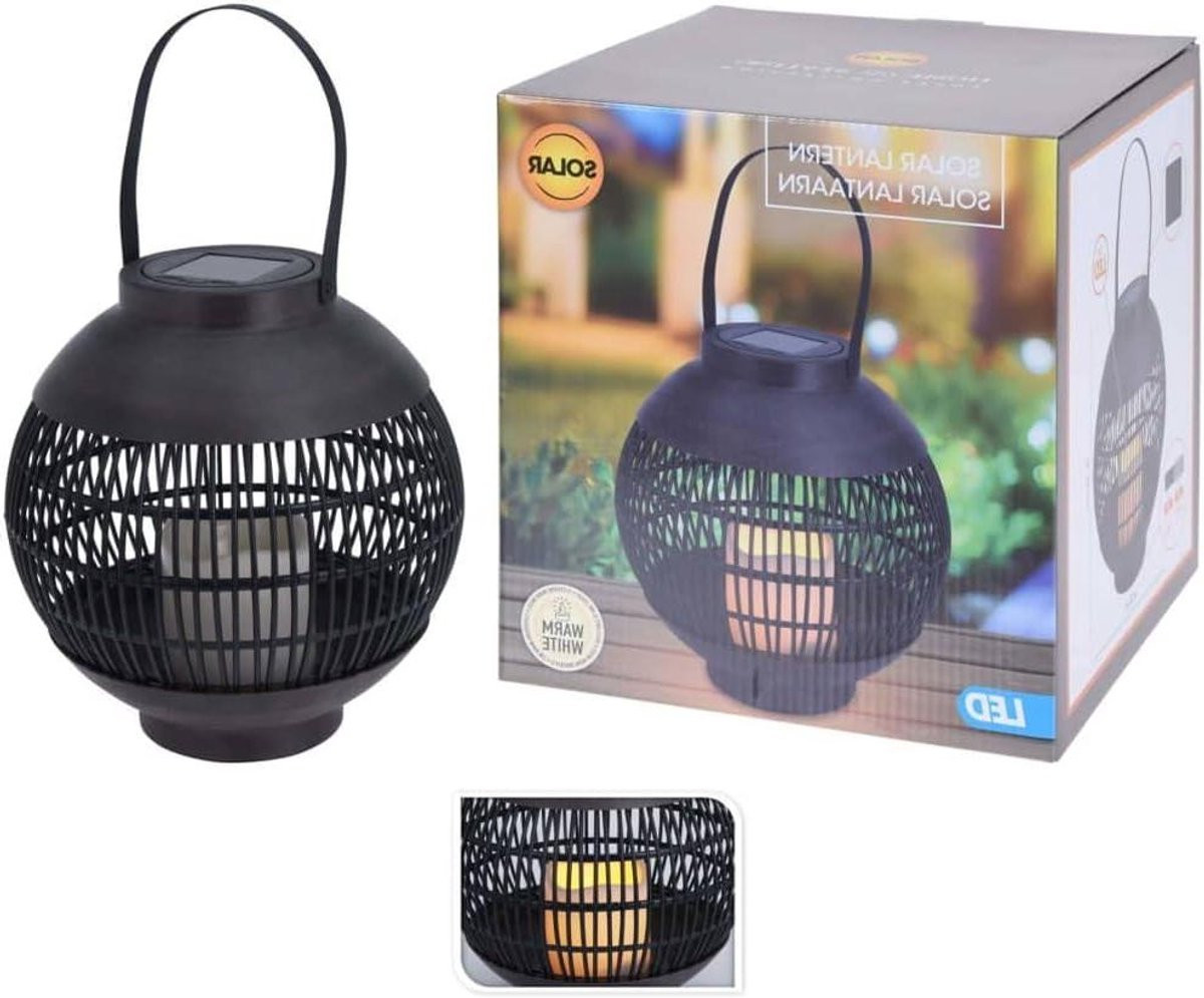 Zonne Lantaarn Mand Buitenlamp met Flicker LED Kaars - Zwart - Hoogte: 23 cm