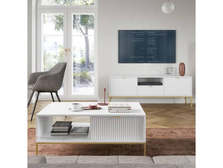 Lomadox Wohnmöbel Set Wohnwand weiß, Fußgestell goldfarben, 2-teilig, 1 Couchtisch, 1 Lowboard