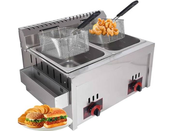 DJXLMN Gas-Fritteuse aus Edelstahl mit großem Fassungsvermögen, 10 l x 2 Stück, für den privaten und gewerblichen Gebrauch, verstellbare Feuerkraft, inklusive Körben und Deckeln, perfekt für Chips,