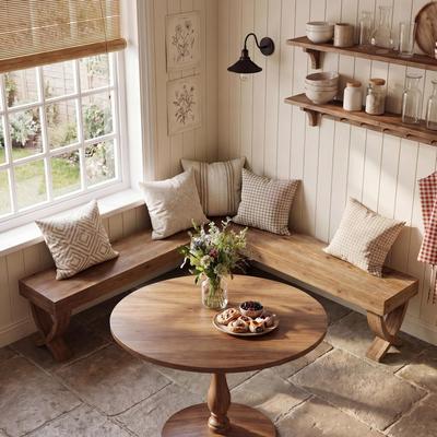 YUZHOU 55-Inch L-Shaped Solid Wood Bench, Farmhouse Corner Dining Bench