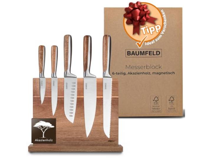 BAUMFELD 6 Teiliges Messerblock Set - Premium Edelstahl - Küchenmesser inkl. magnetischem Messerblock aus edlem Akazienholz Profi Kuechenmesser Set (Edelstahl)