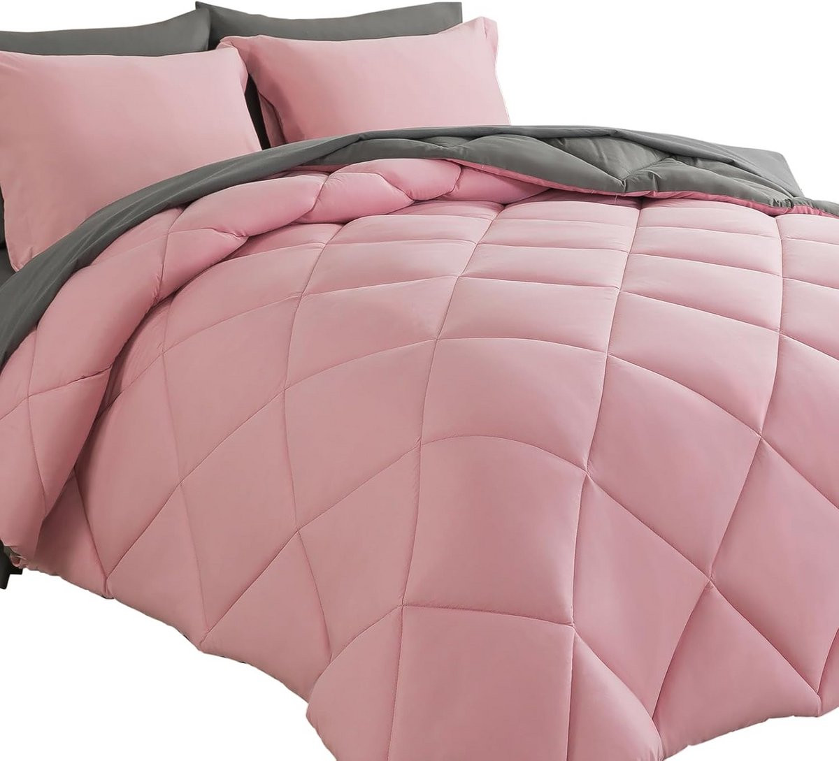 7-delige dekbedset met omkeerbaar diamantpatroon in roze/grijs, Queen Size
