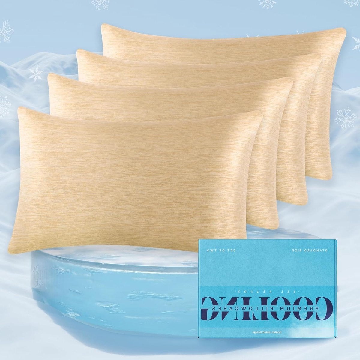 Set van 4 verkoelende kussenslopen voor volwassenen, King size, Goud
