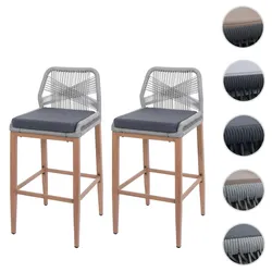 2er-Set Rope-Barhocker HWC-O21, Outdoor Sitzpolster Seilgeflecht Metall Holz-Optik ~ hellgrau, Kissen dunkelgrau