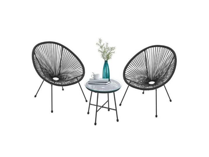 Salon de jardin Ostana Noir 3 pièces - Table + 2 fauteuils mobilier extérieur pour balcon et terrasse