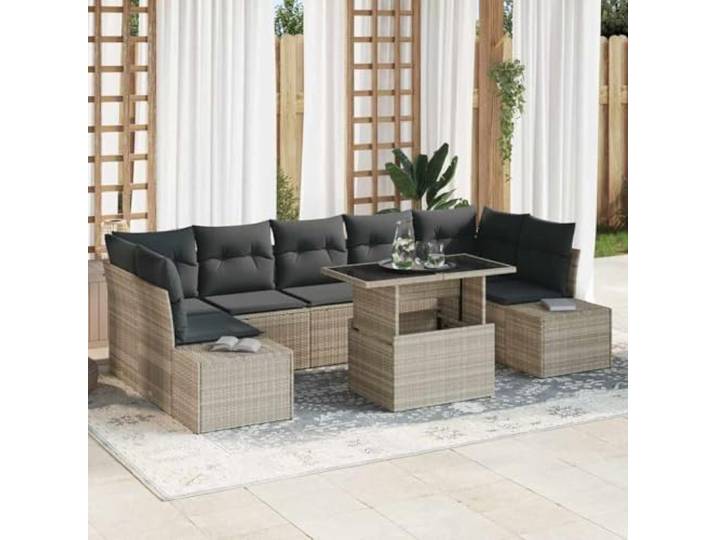 HEFZGDB Gartenbank Sitzgruppe Sofa Set 8 Stück mit Kissen in Hellgrau und Dunkelgrau, Eck- und Mittelsitz mit Tisch für den Außenbereich
