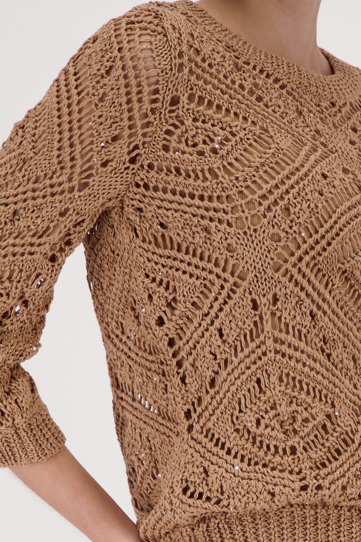 Strickpullover MONARI "Ajour", Damen, Gr. 46, braun (biscotti), Strick, Obermaterial: 60% Baumwolle, 40% Polyester, unifarben, regular fit taillenbedeckt, Rundhals, eingesetzt Rippstrickbündchen, Pullover Strickpullover, Regular fit mit Strickmuster bisco